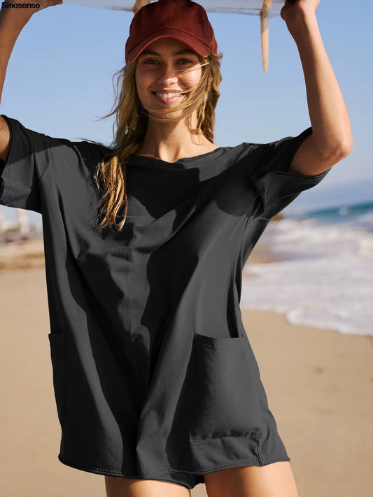 Women Loose Hot Shot Tee Romper Summer Athletic Workout Outdoor Sports Oversized Rompers Short Sleeve Jumpsuit with Pockets