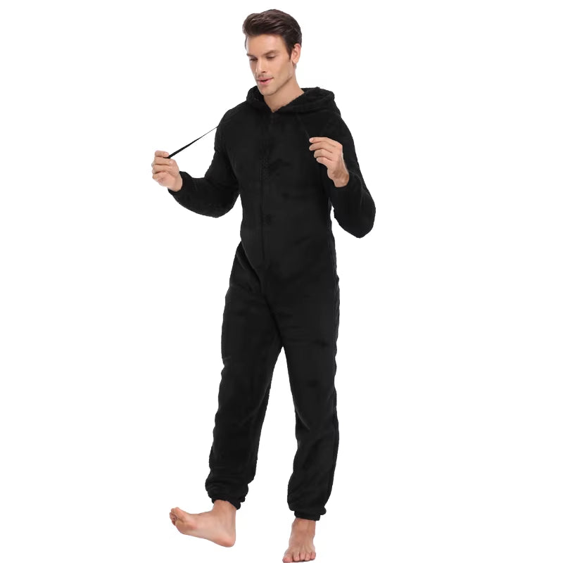 Men Winter Warm Teddy Fleece Stitch Onesie Fluffy Sleepwear One Piece Sleep Lounge Pajama Jumpsuits Hooded Onesies for Adult Men