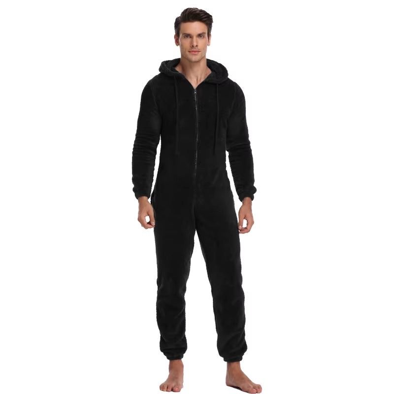 Men Winter Warm Teddy Fleece Stitch Onesie Fluffy Sleepwear One Piece Sleep Lounge Pajama Jumpsuits Hooded Onesies for Adult Men