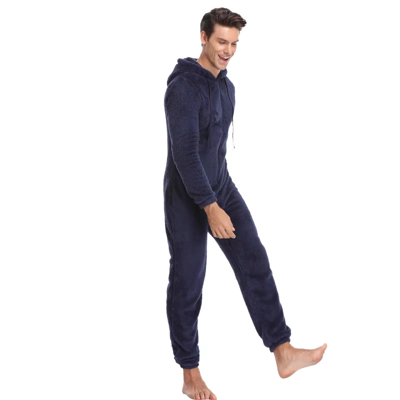 Men Winter Warm Teddy Fleece Stitch Onesie Fluffy Sleepwear One Piece Sleep Lounge Pajama Jumpsuits Hooded Onesies for Adult Men