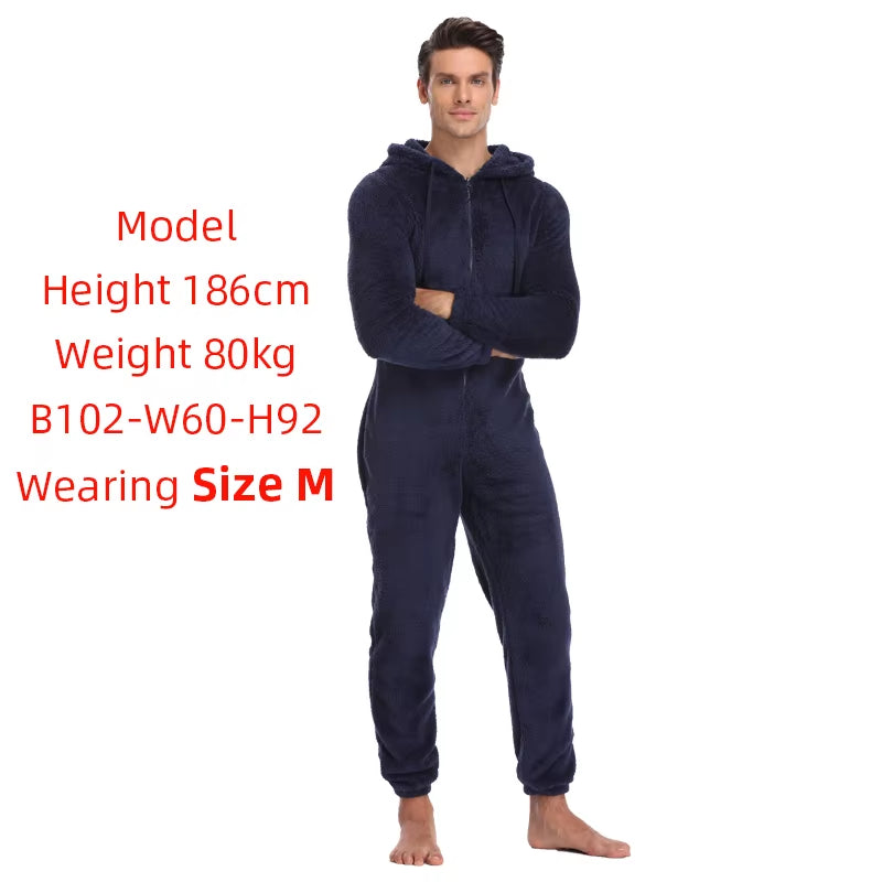 Men Winter Warm Teddy Fleece Stitch Onesie Fluffy Sleepwear One Piece Sleep Lounge Pajama Jumpsuits Hooded Onesies for Adult Men