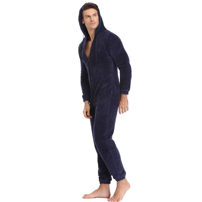 Men Winter Warm Teddy Fleece Stitch Onesie Fluffy Sleepwear One Piece Sleep Lounge Pajama Jumpsuits Hooded Onesies for Adult Men