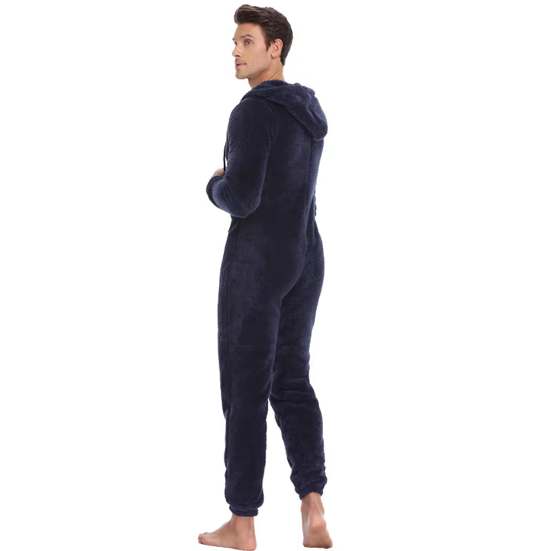 Men Winter Warm Teddy Fleece Stitch Onesie Fluffy Sleepwear One Piece Sleep Lounge Pajama Jumpsuits Hooded Onesies for Adult Men